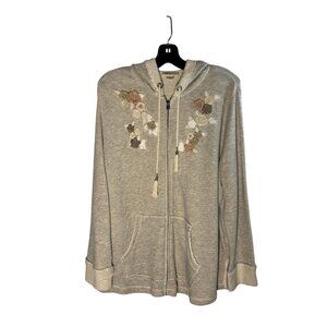Style & Co Woman 2X Beige Hoodie With Floral Embroidery & Front Pockets